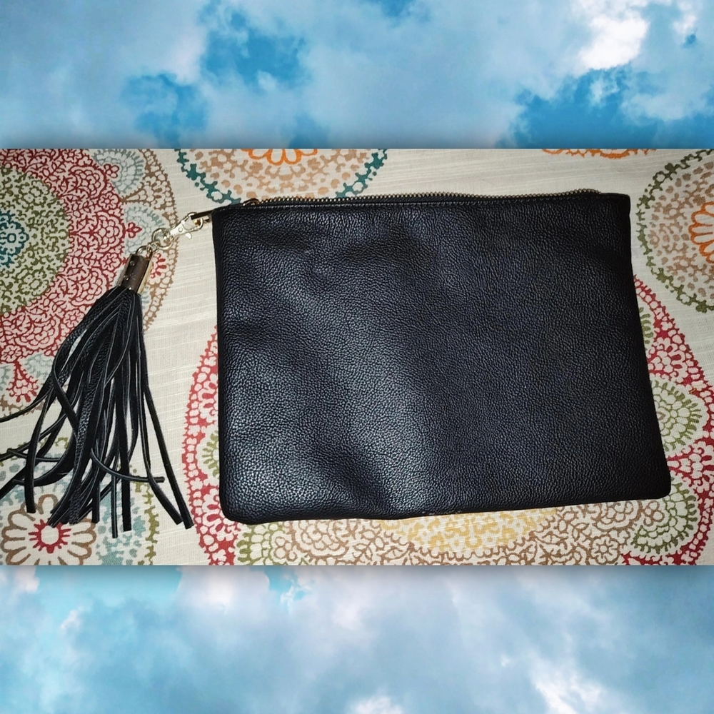 Black Leather Clutch with Tassel